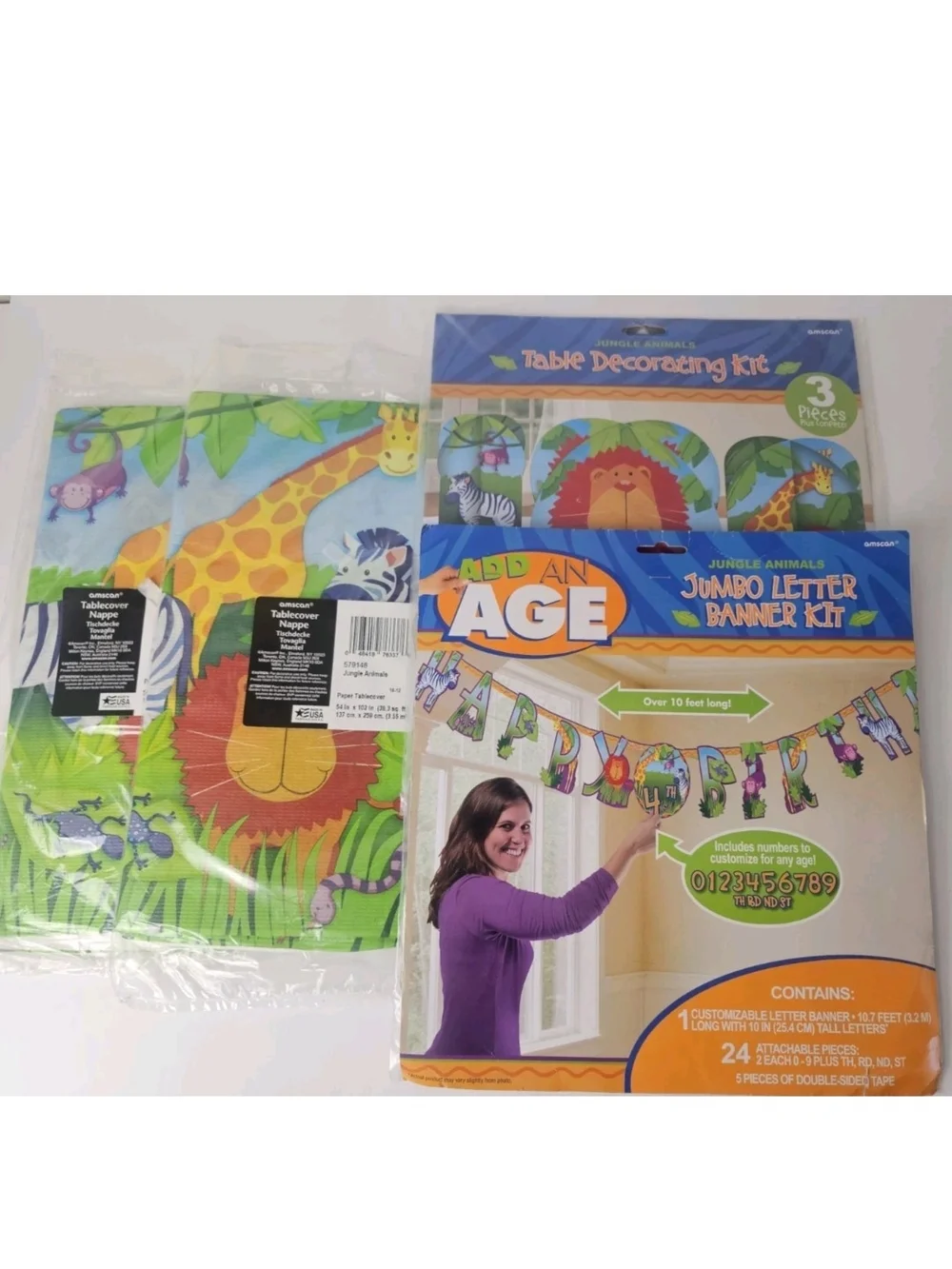 Amscan Jungle Animal Jumbo Letter Banner Age Tablecloth Centerpiece Party Lot